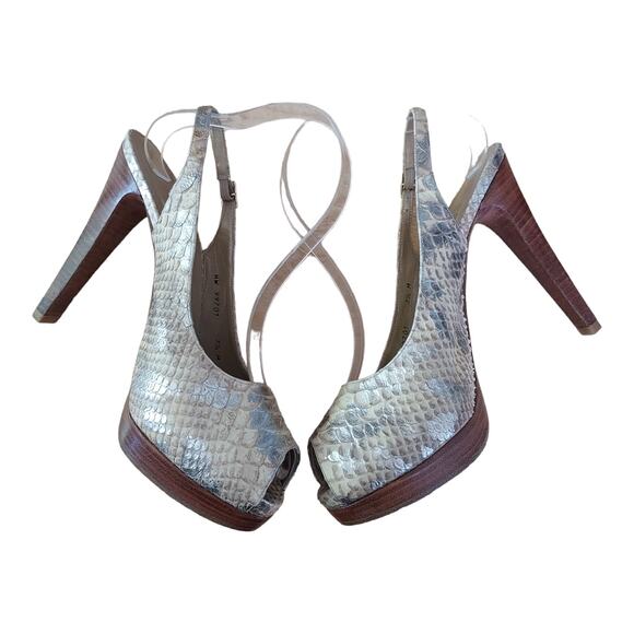 Stuart Weitzman Snakeskin Peep Toe Slingback Wood Platform 5" Pump Heels Sz 7.5 - Picture 3 of 10